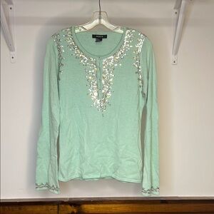 Y2K Arden B. Mint Green Sequin Embellished Silk and Cashmere‎ Sweater- L